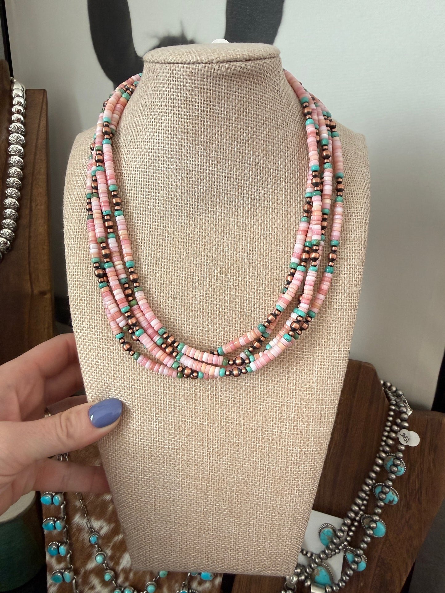 Pink conch and copper pearls 18” single strand
