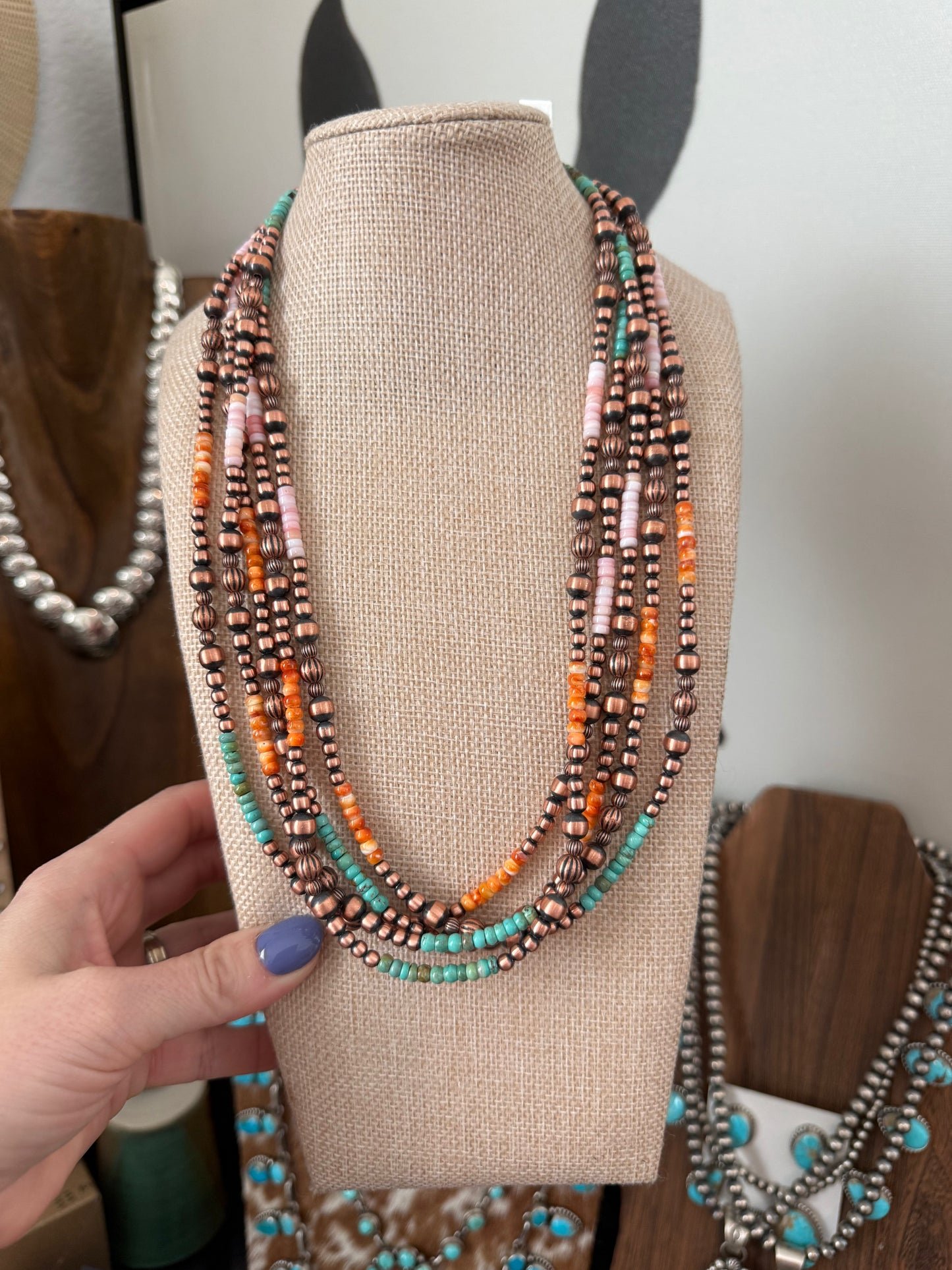 Copper/orange spiny/pink conch/kingman 20” Navajo strung pearls