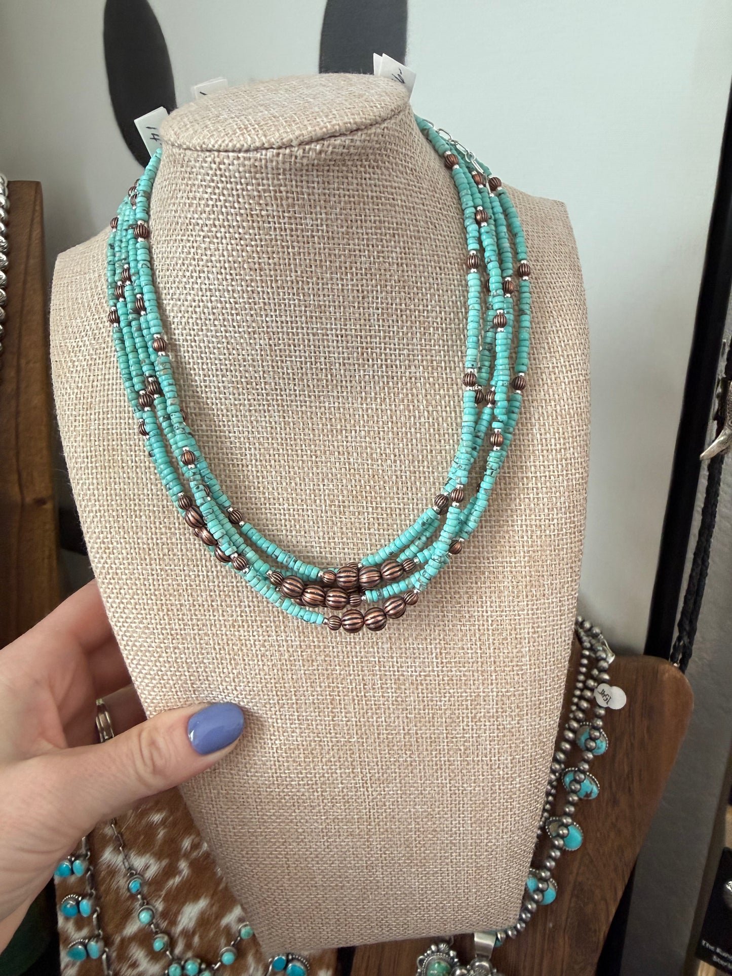 Turquoise necklace with copper pearls 14”